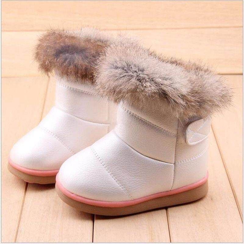 Child Girls Kids Winter Warm Booties Leather Rabbit Fur Shoes Snow Ankle Boots White 27