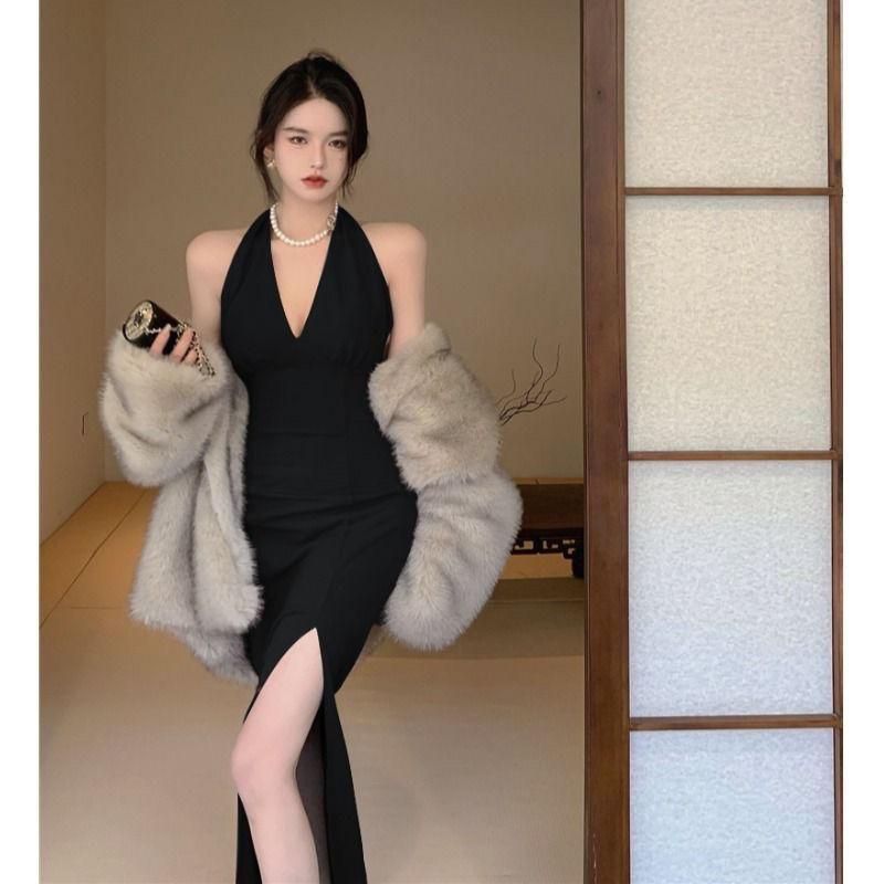 Black Backless Slit Halter Dress for Women Summer Hepburn Style High-Grade Little Dress Slim Fit Slim and Sexy Long Dress