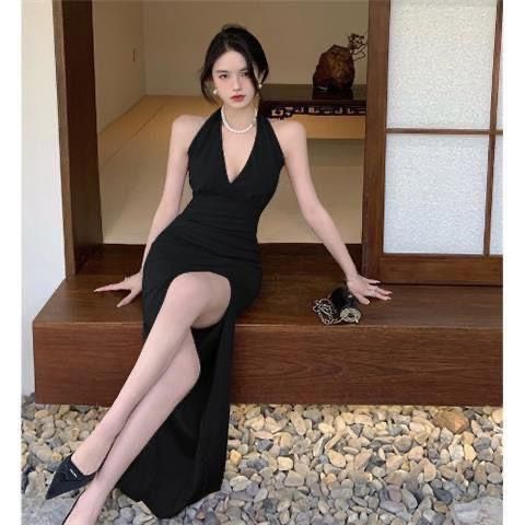 Black Backless Slit Halter Dress for Women Summer Hepburn Style High-Grade Little Dress Slim Fit Slim and Sexy Long Dress