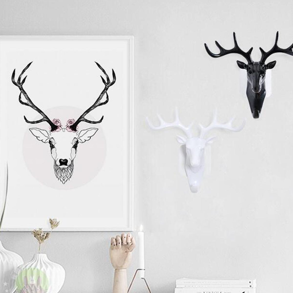 Adhesive Hook Deer Elk Head Shape Towel Hanger No Punching Hanging Hook Wall Mount Heavy Duty Hook Keys Sticky Holder Stick on Wall Door Cabinet Bathroom Kitchen Bedroom