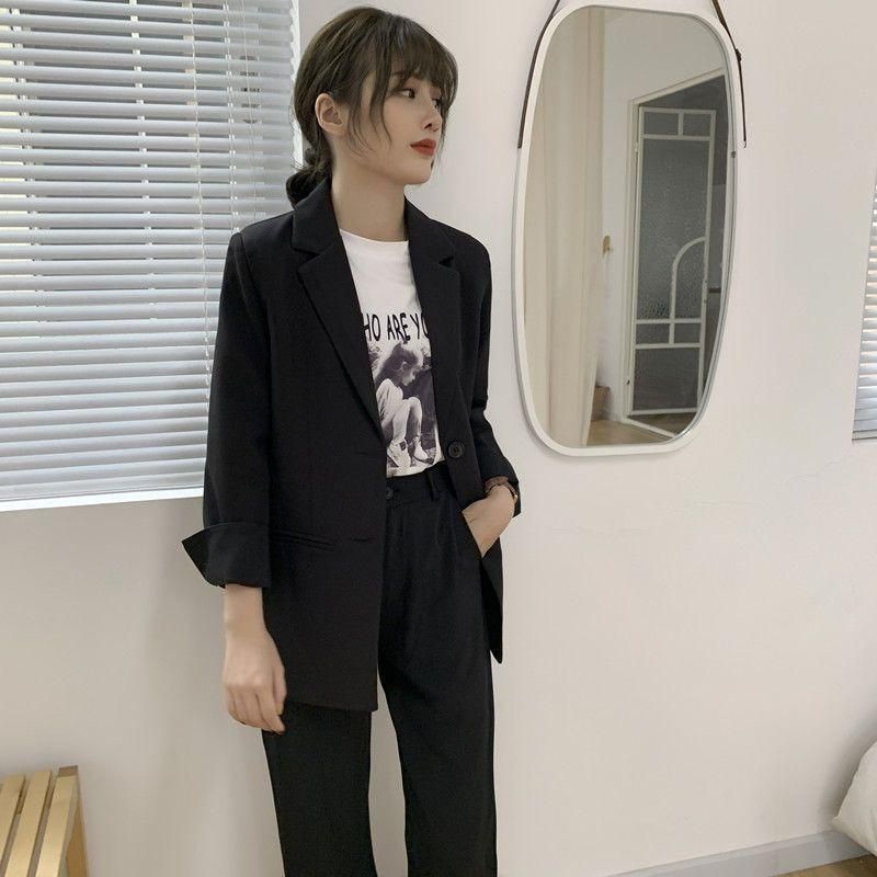 Black Small Business Suit Coat Women's Spring and Autumn Korean Style New Loose Suit Coat Temperament Commute Business Working Formal Wear