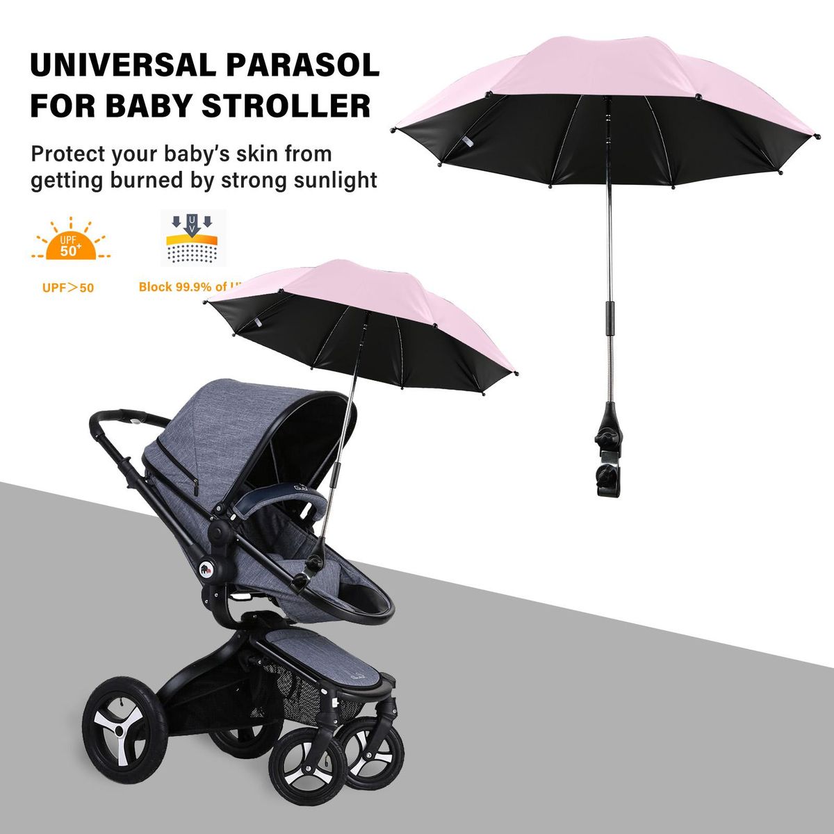 Universal Parasol for Baby Stroller Pushchairs Buggies Vinyl Coating UV-Protection Waterproof 360° Rotatable Stroller Sun Shade