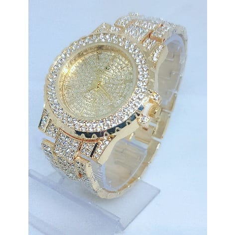 Non Tarnish Studded Wristwatch For Men -Gold