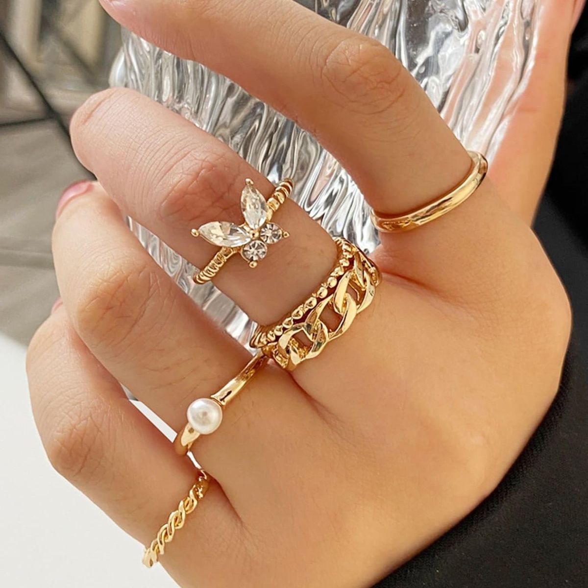 Butterfly ring open chain ring combination inlaid diamond joint ring set set adjustable 5-piece set