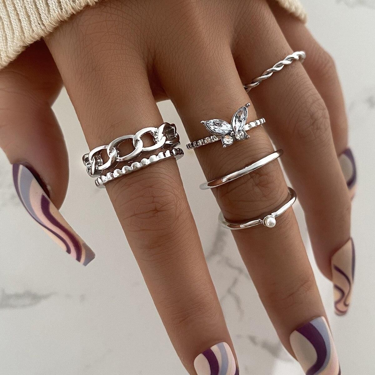Butterfly ring open chain ring combination inlaid diamond joint ring set set adjustable 5-piece set