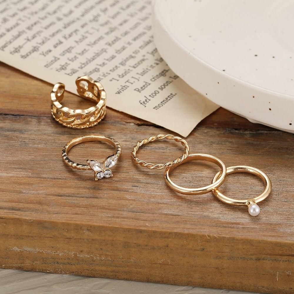 Butterfly ring open chain ring combination inlaid diamond joint ring set set adjustable 5-piece set