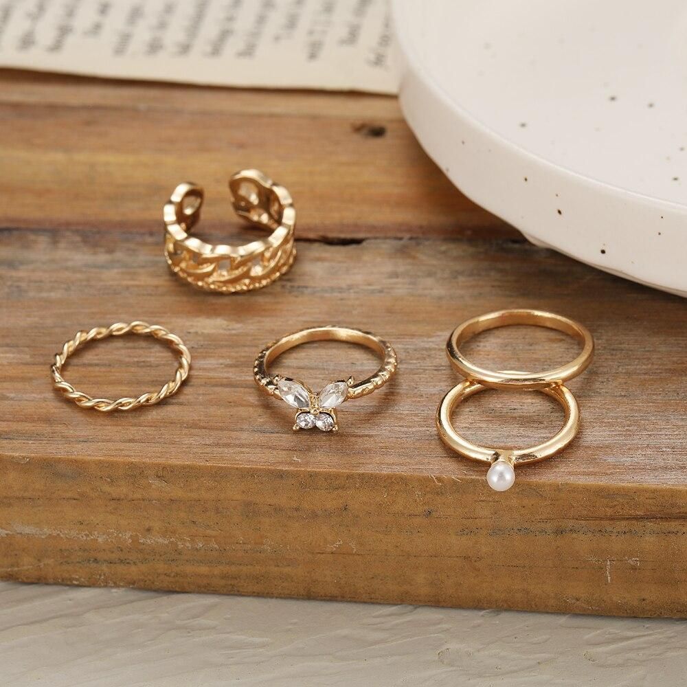 Butterfly ring open chain ring combination inlaid diamond joint ring set set adjustable 5-piece set