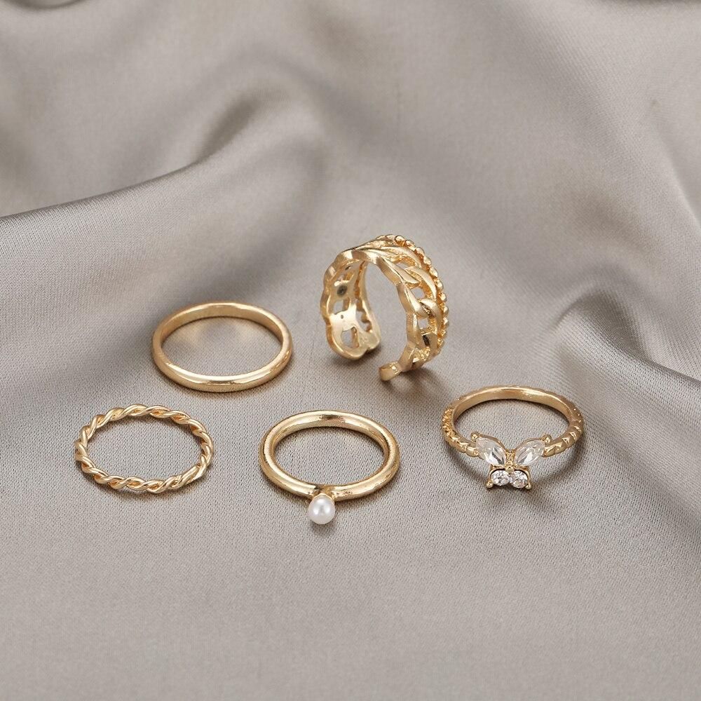 Butterfly ring open chain ring combination inlaid diamond joint ring set set adjustable 5-piece set