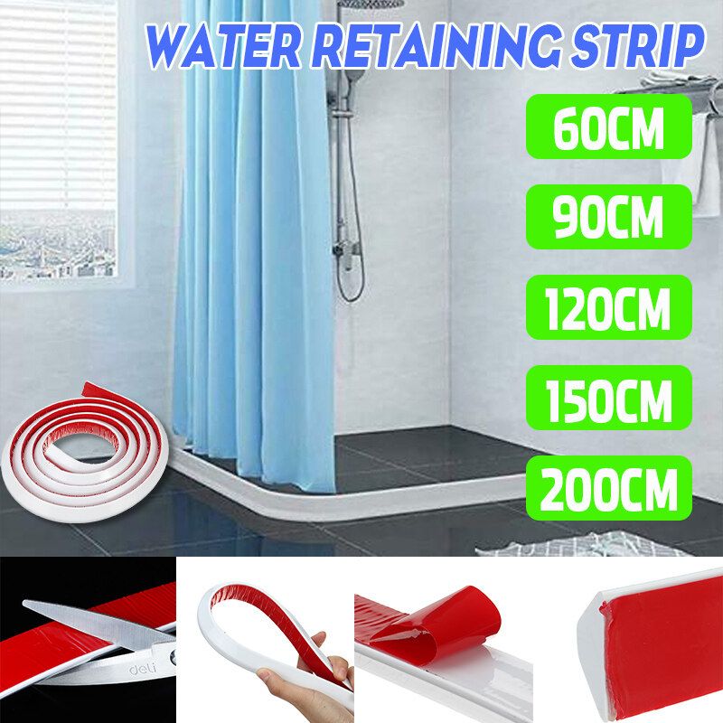 60/90/120/150/200cm Silicone Kitchen Bathroom Shower Water Retaining Strip Self-Adhesive Flexible 360° Bending Bathroom Floor Water Stopper Strip Water Barriers Floor Water Separation 15mm 120cm