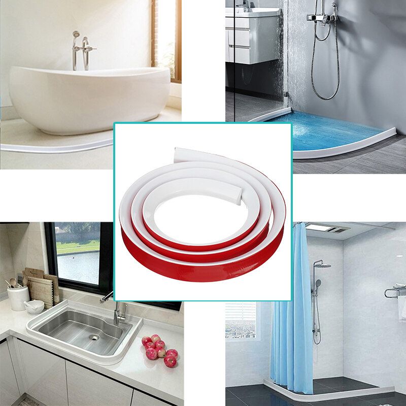 60/90/120/150/200cm Silicone Kitchen Bathroom Shower Water Retaining Strip Self-Adhesive Flexible 360° Bending Bathroom Floor Water Stopper Strip Water Barriers Floor Water Separation 15mm 120cm