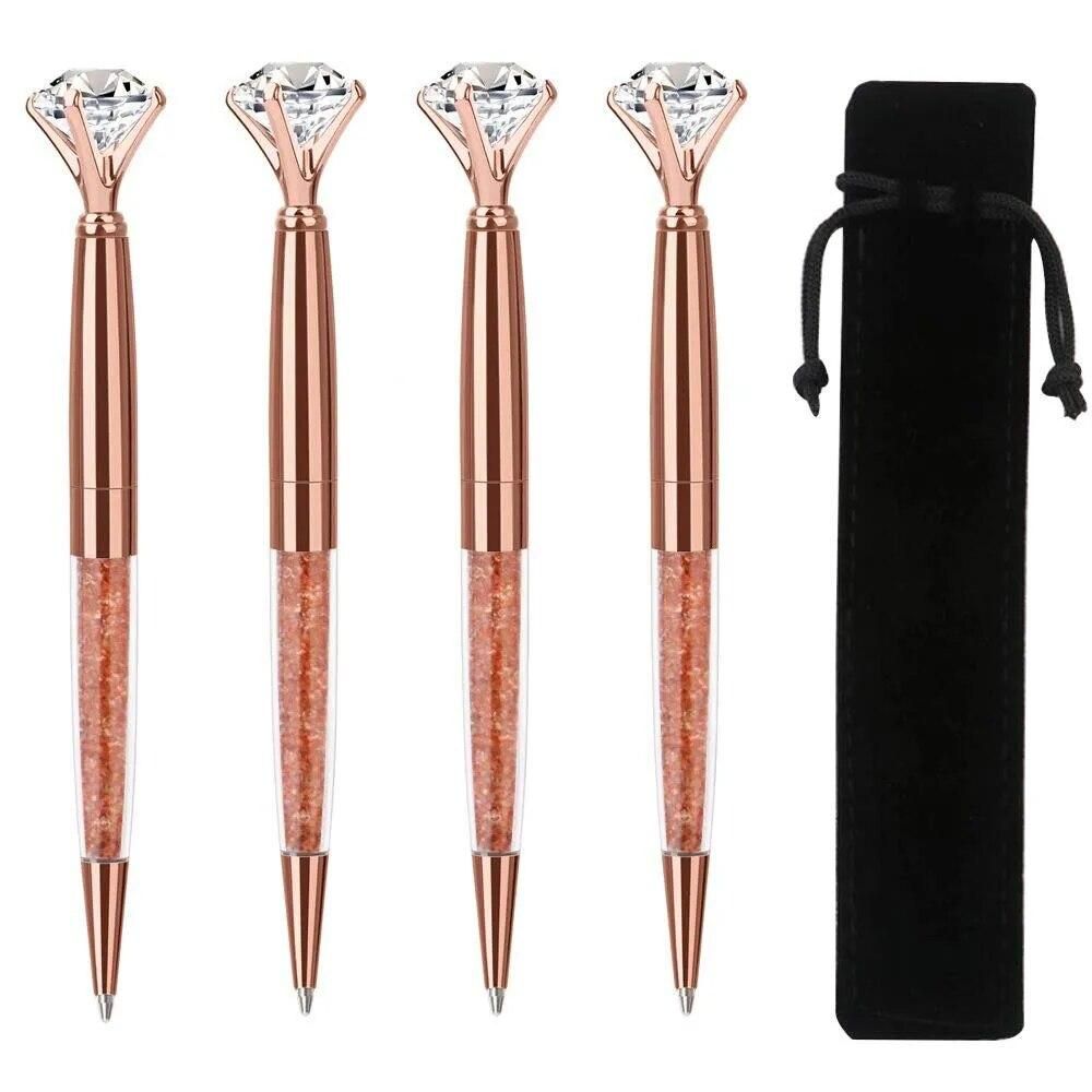 4Pcs Rose Gold Big Diamond Ballpoint Pens Metal Ball-Point Fun Bling Crystal Jewel Pen For Stylish Fancy Office Supplies