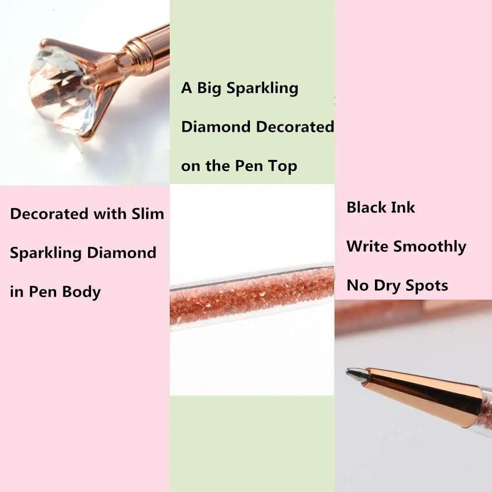 4Pcs Rose Gold Big Diamond Ballpoint Pens Metal Ball-Point Fun Bling Crystal Jewel Pen For Stylish Fancy Office Supplies