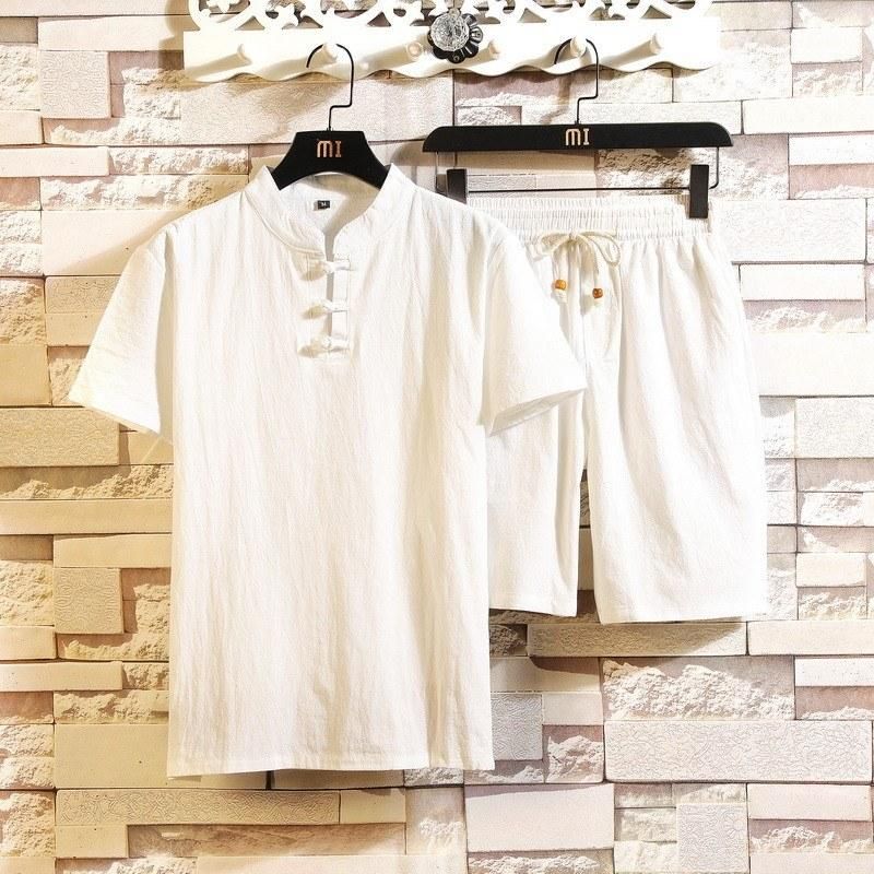 Summer new men's cotton and linen casual suit fashion solid color stand-up collar short-sleeved T-shirt + comfortable slim shorts for trendy men Redwine 2XL