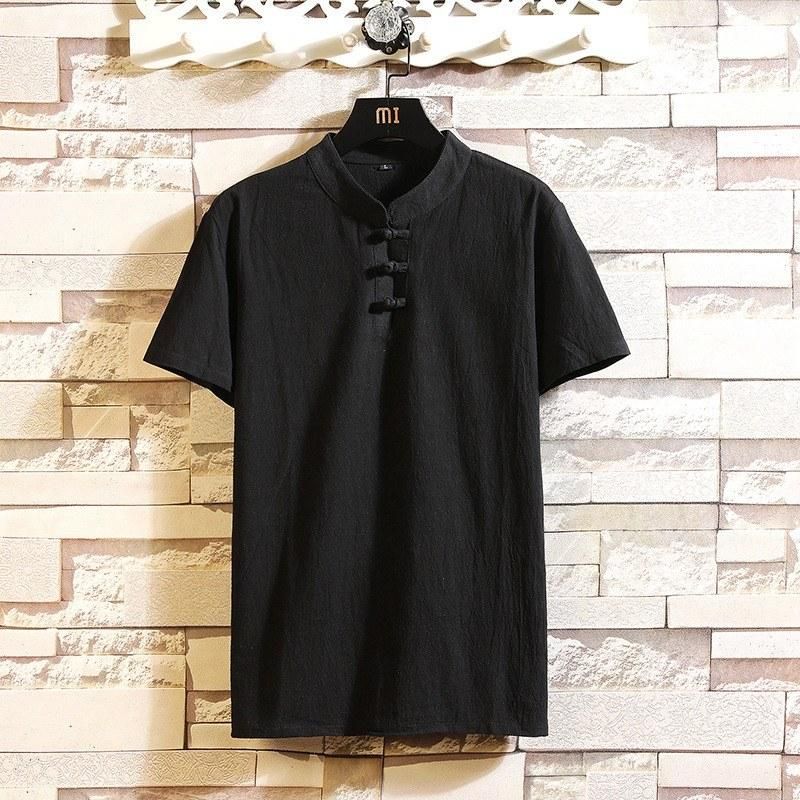 Summer new men's cotton and linen casual suit fashion solid color stand-up collar short-sleeved T-shirt + comfortable slim shorts for trendy men Redwine 2XL