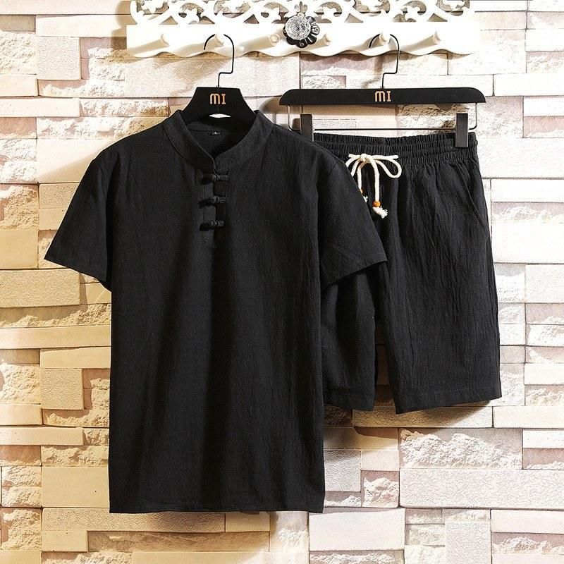 Summer new men's cotton and linen casual suit fashion solid color stand-up collar short-sleeved T-shirt + comfortable slim shorts for trendy men Redwine 2XL