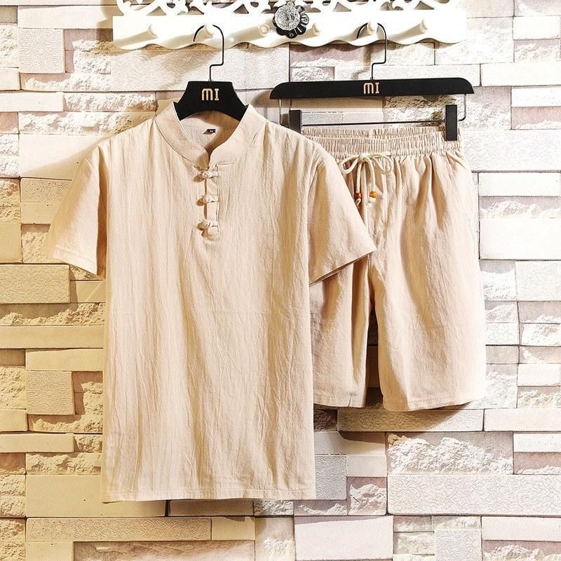 Summer new men's cotton and linen casual suit fashion solid color stand-up collar short-sleeved T-shirt + comfortable slim shorts for trendy men Redwine 2XL