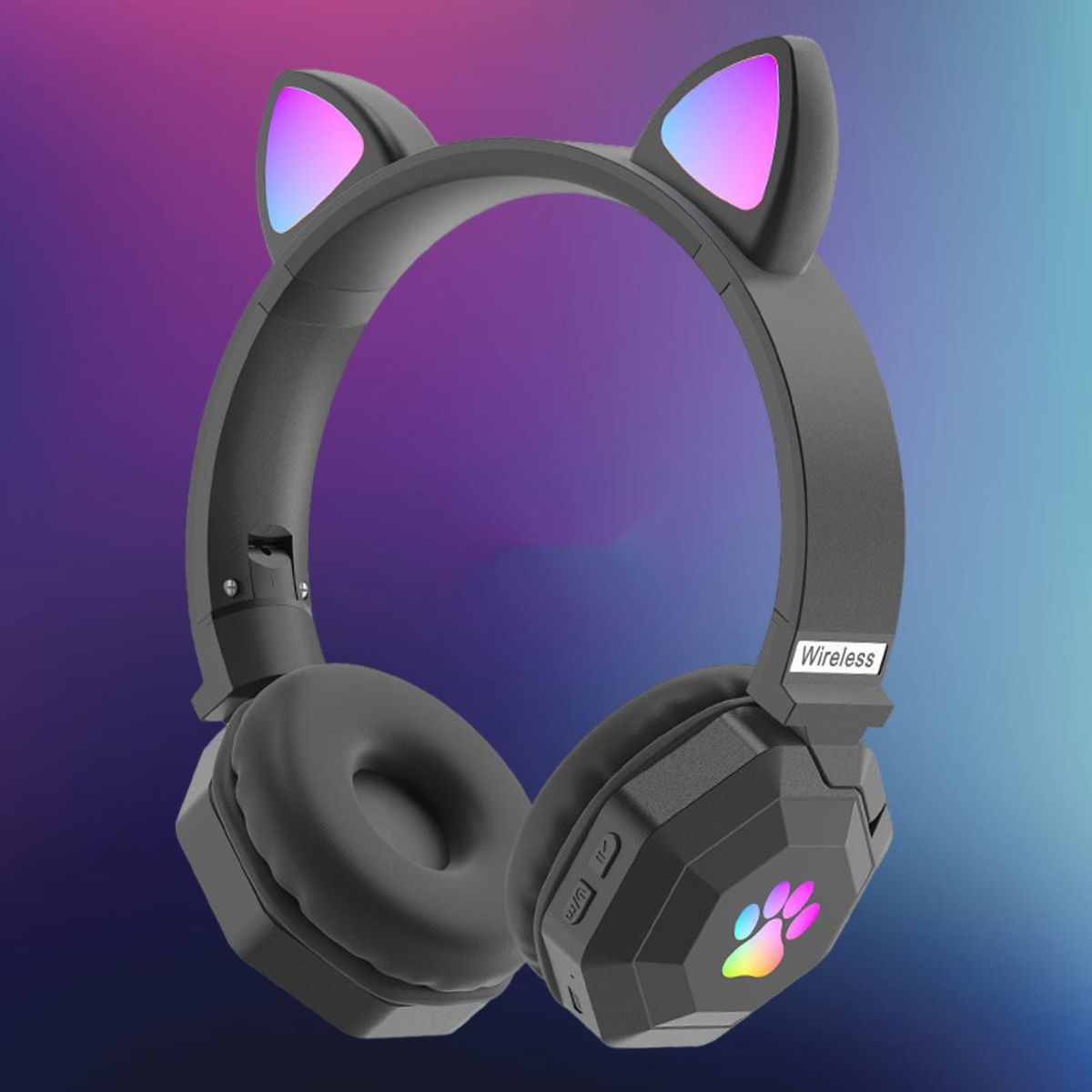 Cat Ear Wireless Headphones Noise Canceling LED Light Volume Black