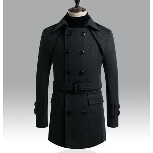 Gray Autumn Winter New Men Coat Casual Mid-length Woolen Double Breasted Windbreaker Belt