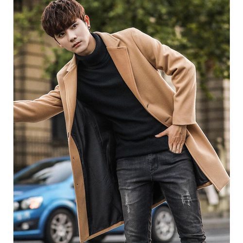 Khaki Autumn Winter New Medium-length Woolen Overcoat Men Slim Coat Windbreaker