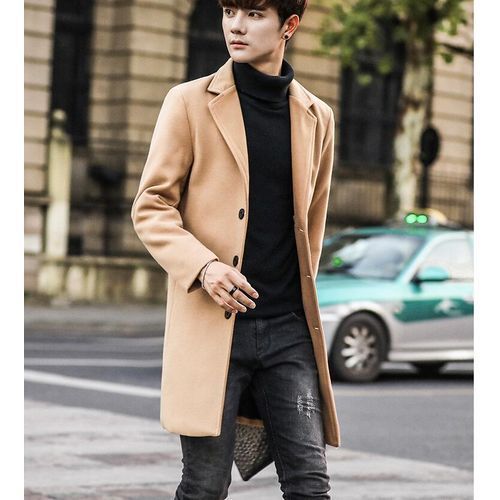 Khaki Autumn Winter New Medium-length Woolen Overcoat Men Slim Coat Windbreaker