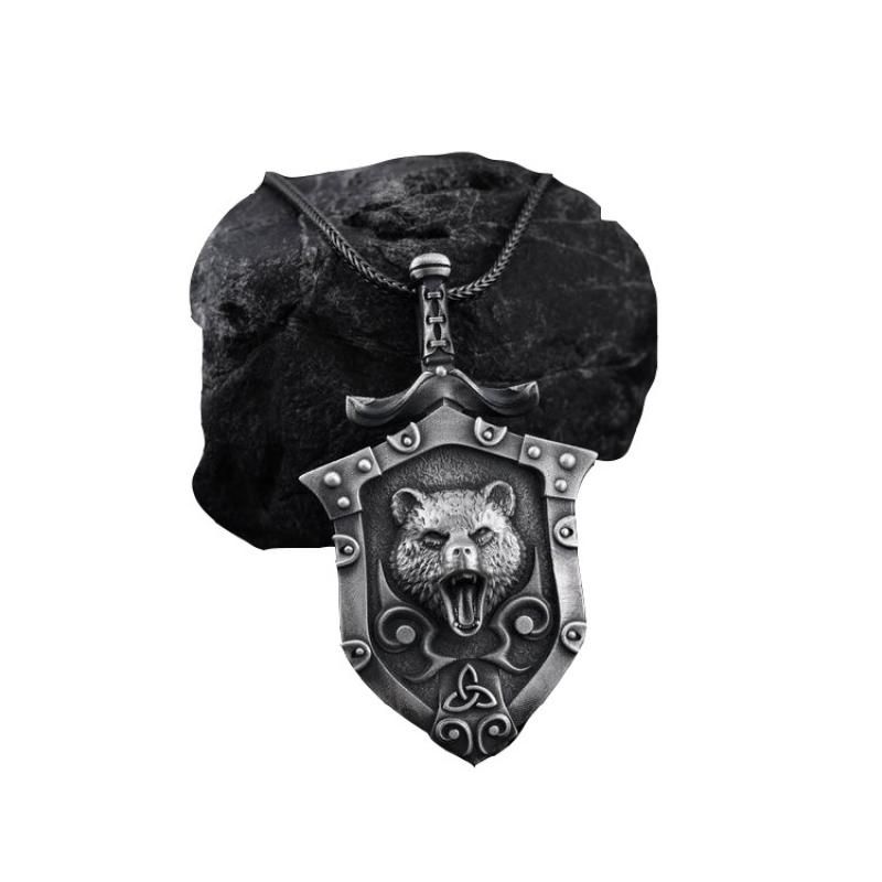 Black Bear Necklace Vintage Mens Necklace Halloween Shield Pendant Necklace