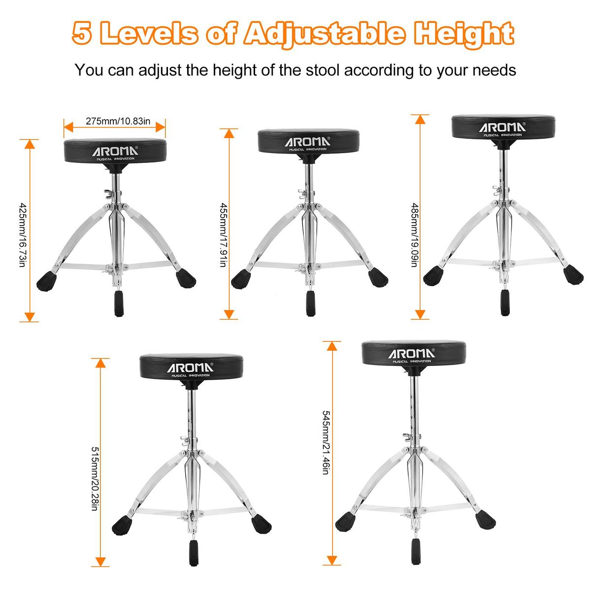 AROMA Universal Drum Throne Round Padded Drum Seat Stool Double-braced Stainless Steel Legs Anti-slip 5 Levels Adjustable Height for Adult Drummers