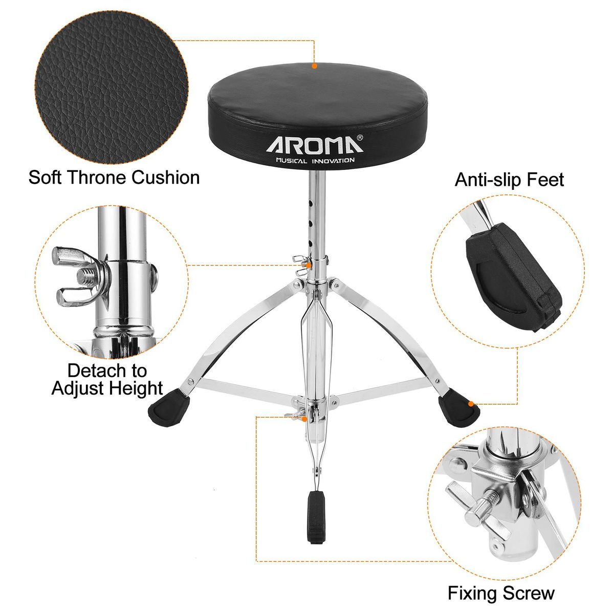 AROMA Universal Drum Throne Round Padded Drum Seat Stool Double-braced Stainless Steel Legs Anti-slip 5 Levels Adjustable Height for Adult Drummers