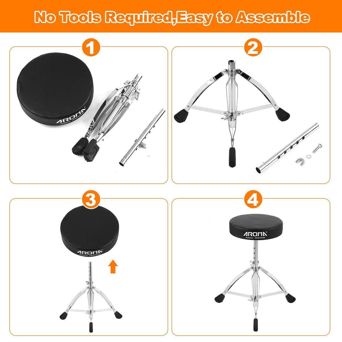 AROMA Universal Drum Throne Round Padded Drum Seat Stool Double-braced Stainless Steel Legs Anti-slip 5 Levels Adjustable Height for Adult Drummers