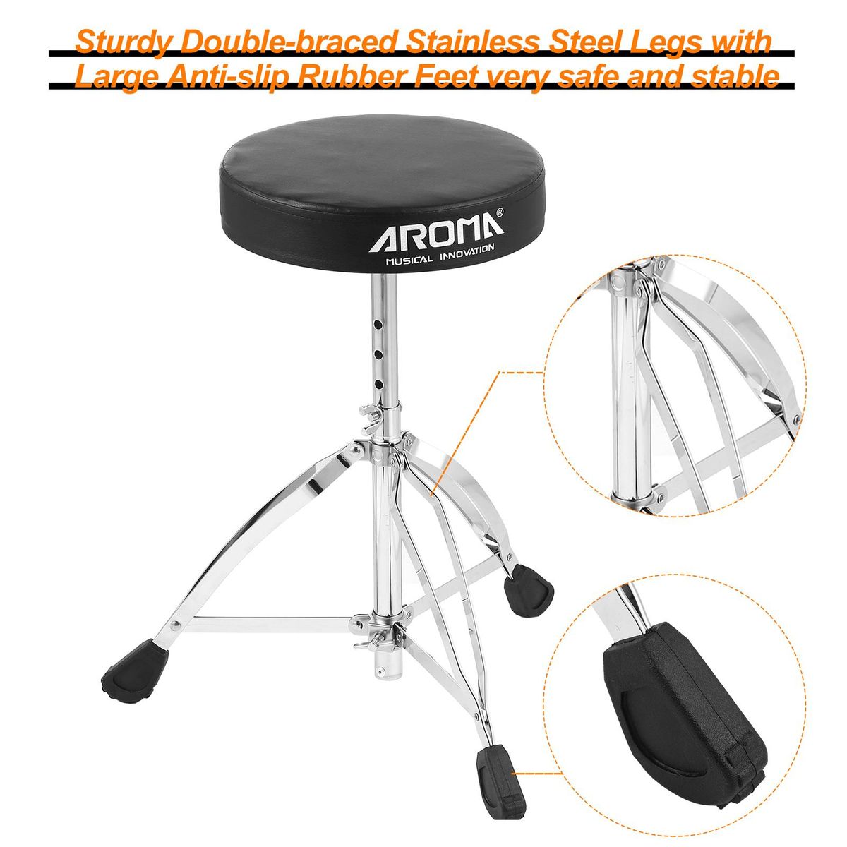 AROMA Universal Drum Throne Round Padded Drum Seat Stool Double-braced Stainless Steel Legs Anti-slip 5 Levels Adjustable Height for Adult Drummers