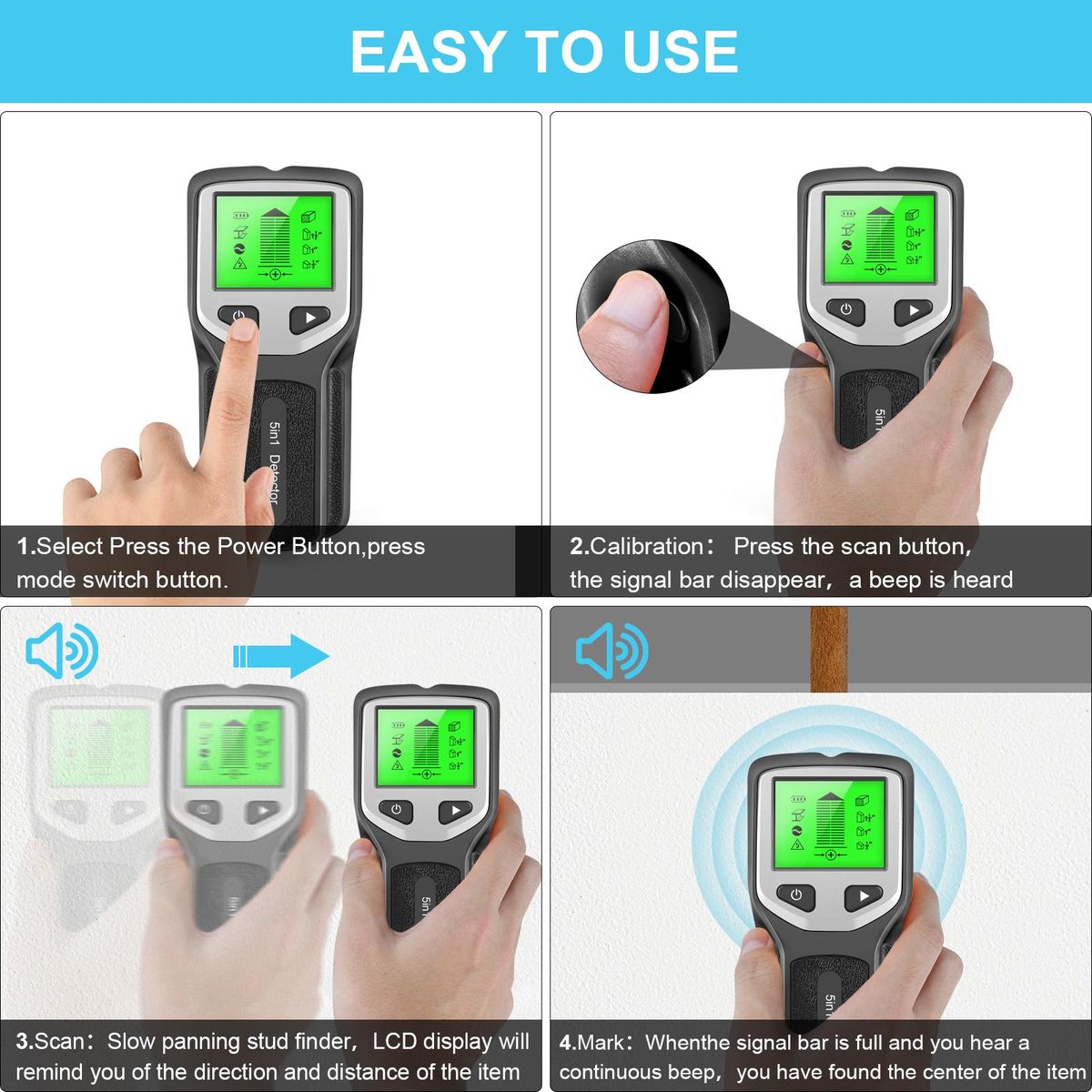 HLW330 5 in 1 Stud Detector Wall Scanner Digital Handheld Professional Multifunction Wall Detector Live Wires Cable PVC Water Pipe Metal Finder Scanner