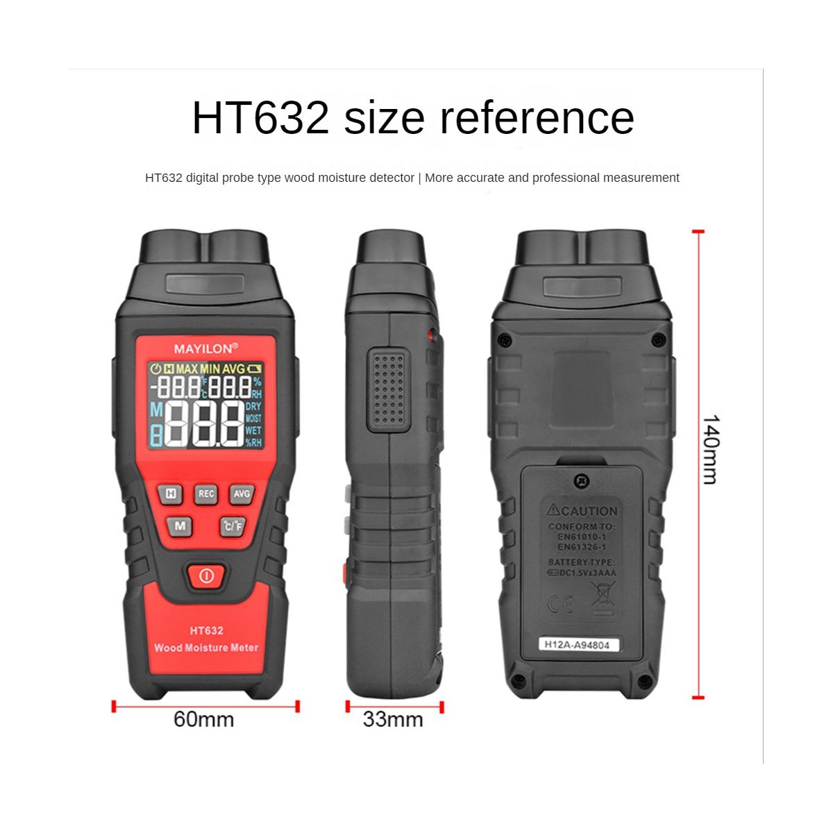 HT632 Wood Moisture Meter Wall Water Tester Digital Humidity Meter Two Pins Hygrometer Concrete Detector
