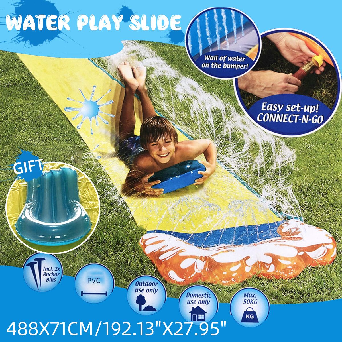 16FT Banzai Inflatable Water Slide Splash Racer Park Outdoor W/Slide Board Kids