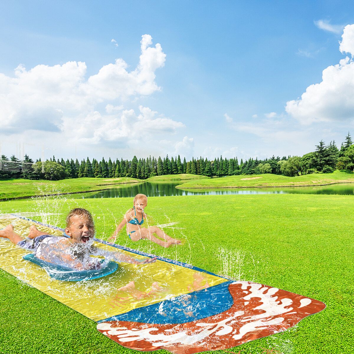 16FT Banzai Inflatable Water Slide Splash Racer Park Outdoor W/Slide Board Kids