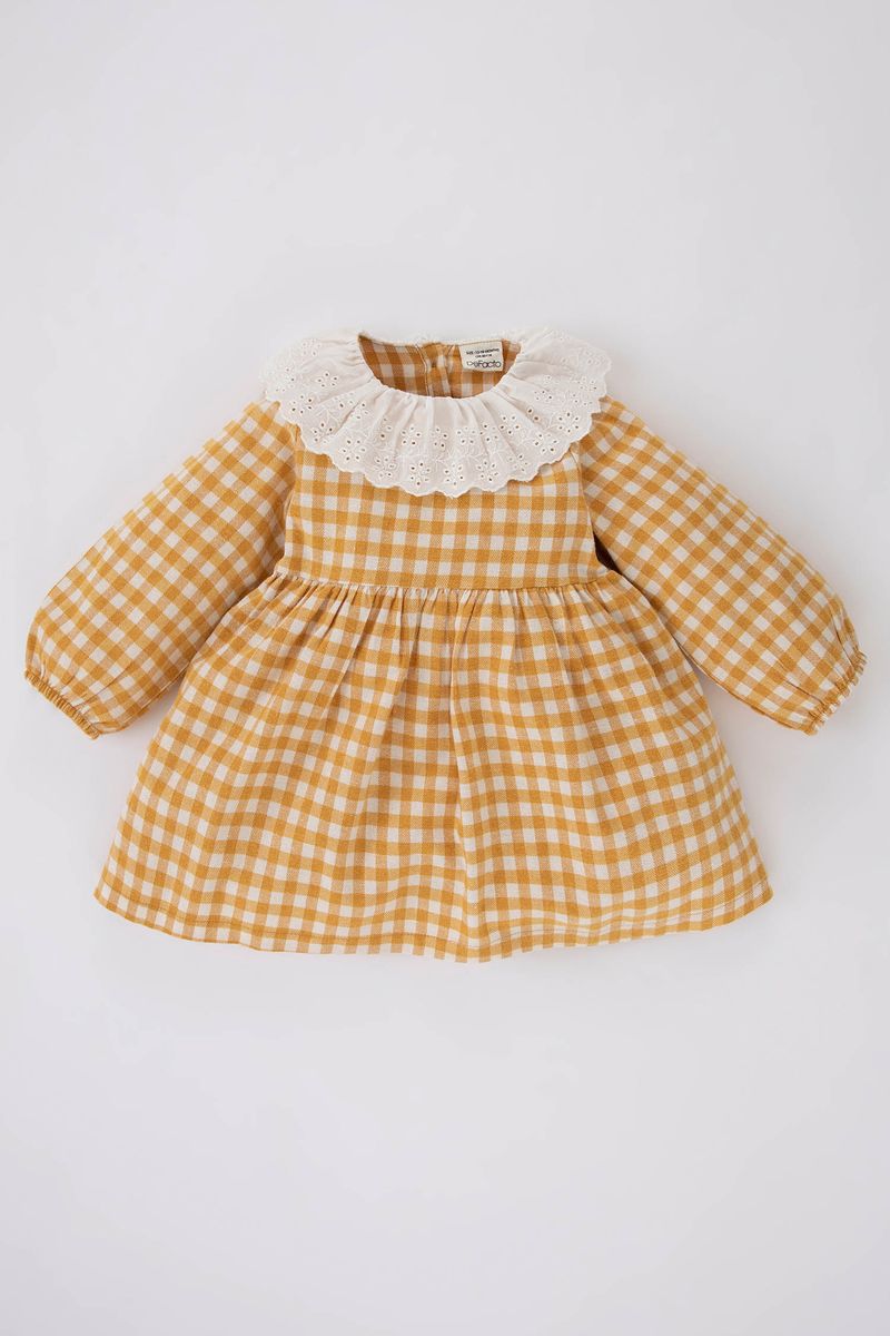 BabyGirl Casual Regular Fit Long Sleeve Lace Neck Woven Dress - Yellow