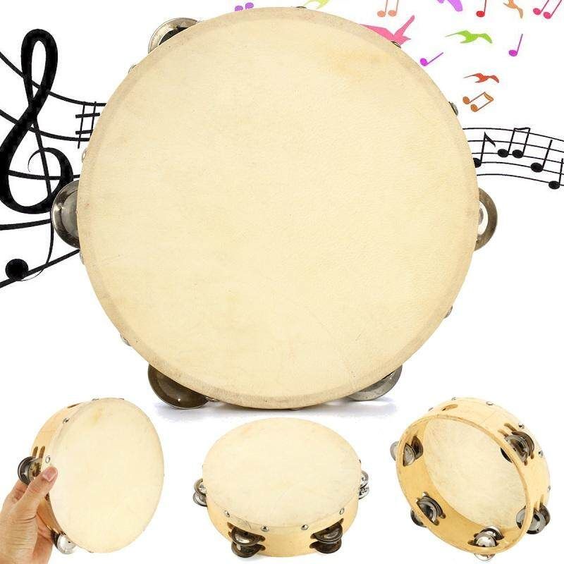 20cm 12 Cymbalettes Tambourin En Bois Peau De Mouton Percussion Musique Enfant