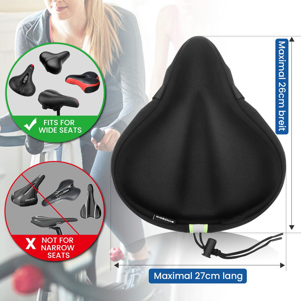 27x26cm Bike Saddle Memory Foam Comfort Breathable Reflective Bicycle Waterproof Seat Cover Black
