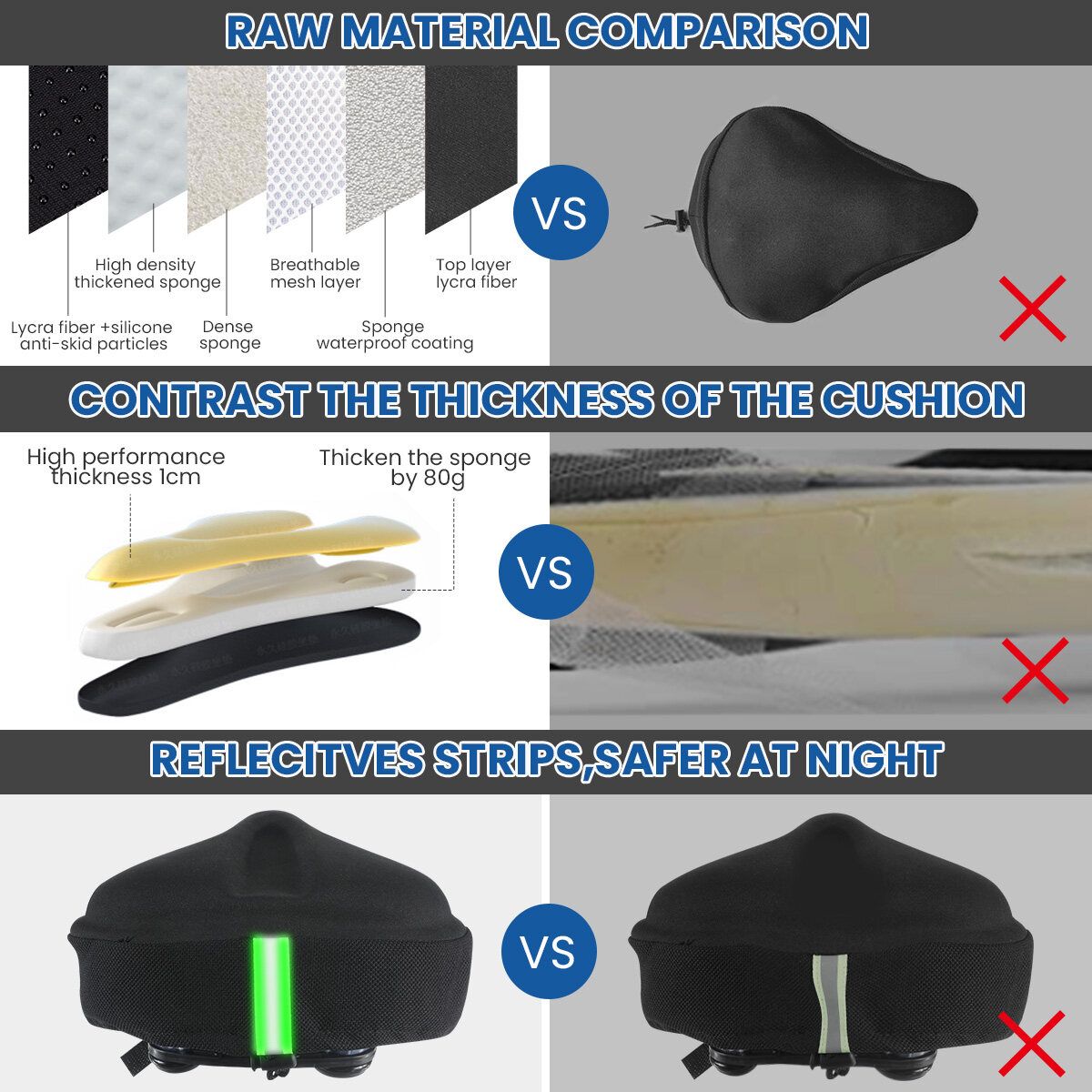 27x26cm Bike Saddle Memory Foam Comfort Breathable Reflective Bicycle Waterproof Seat Cover Black