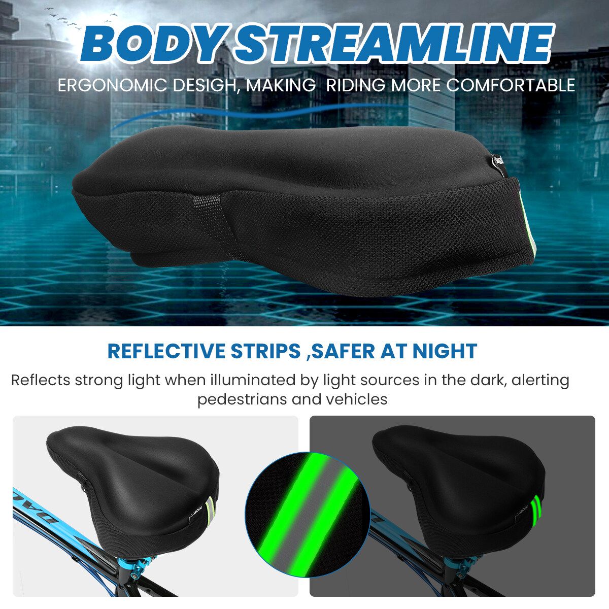 27x26cm Bike Saddle Memory Foam Comfort Breathable Reflective Bicycle Waterproof Seat Cover Black
