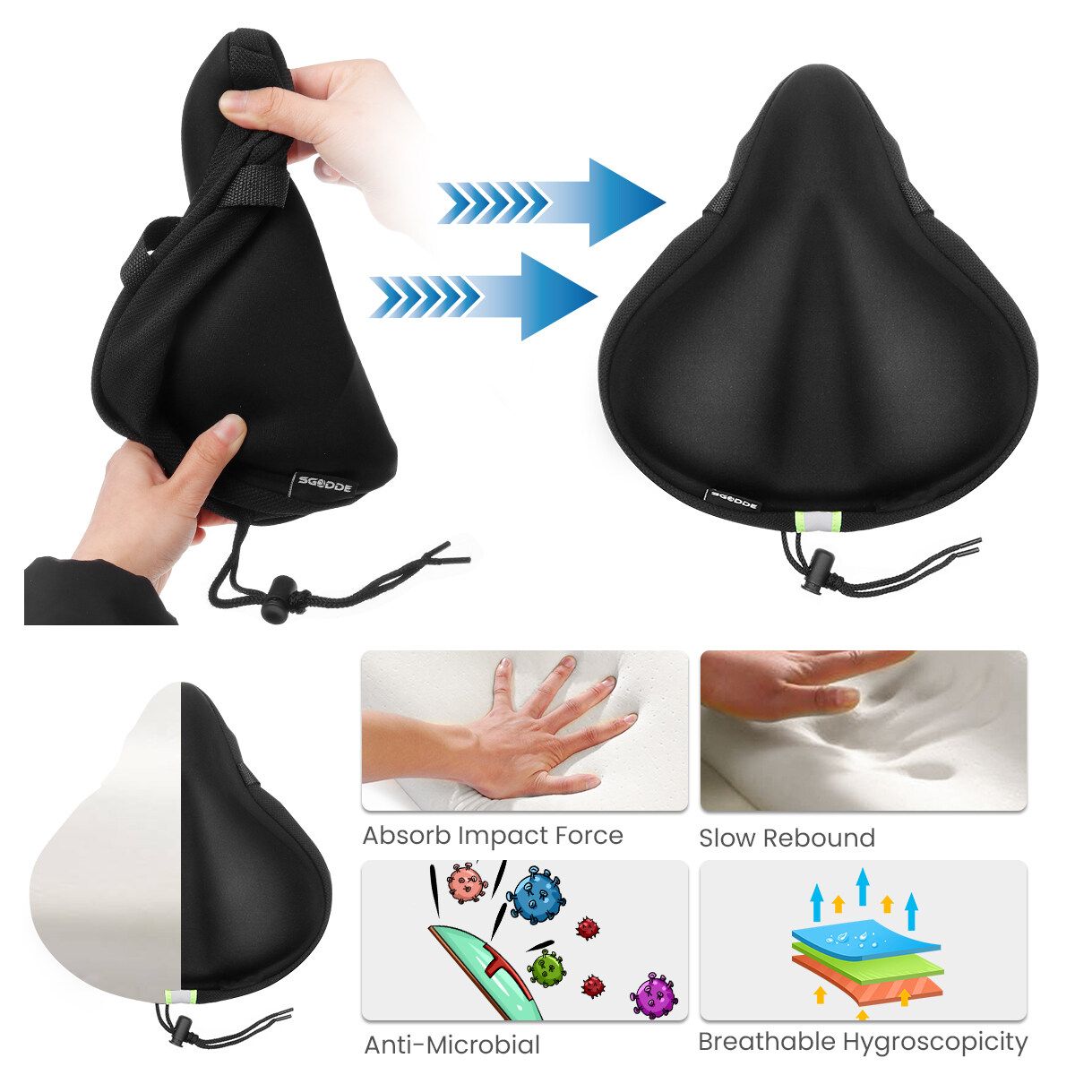 27x26cm Bike Saddle Memory Foam Comfort Breathable Reflective Bicycle Waterproof Seat Cover Black