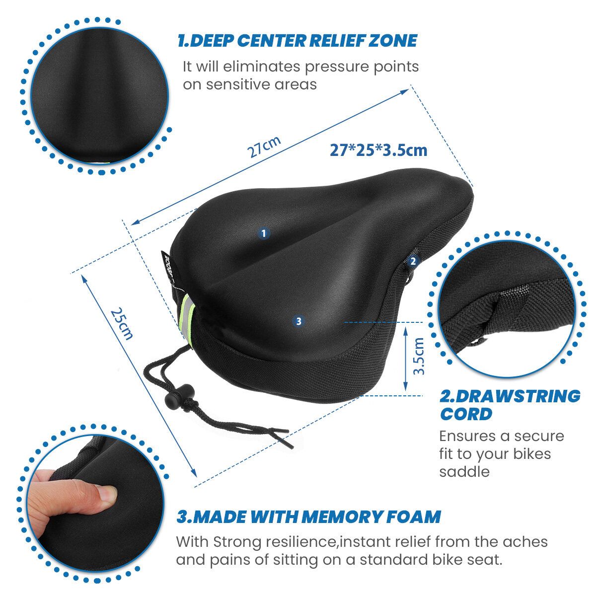 27x26cm Bike Saddle Memory Foam Comfort Breathable Reflective Bicycle Waterproof Seat Cover Black