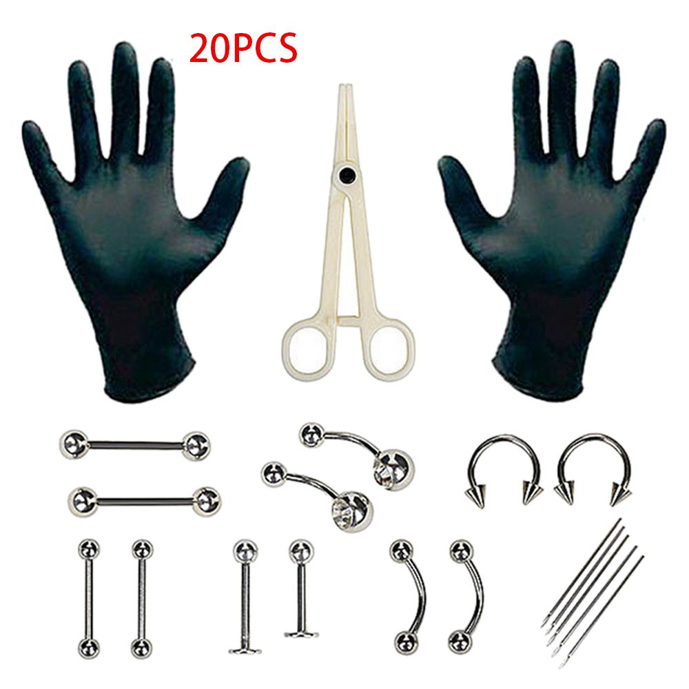 20pcs Body Piercing Jewelry Kit Nose Tragus Belly Tongue