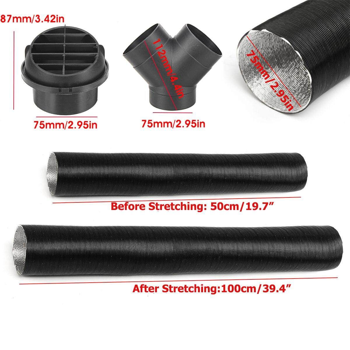 75mm Heater Pipe Duct+Warm Air Outlet+Y Branch+Hose Clip For Webasto Eberspacher
