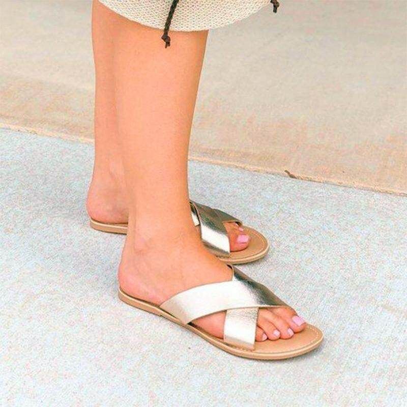 Female Summer New European And American Large Size Slippers Leopard Flat Simple Simple Wild Comfortable Sandals Rose Gold