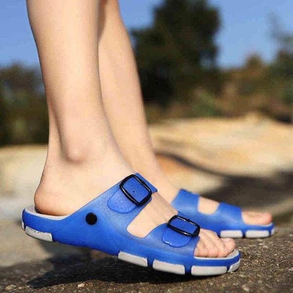 Fashion Big Size Double Buckle Match Slippers Comfortable Slip On Sandals Men's Light Grey Blue {44}