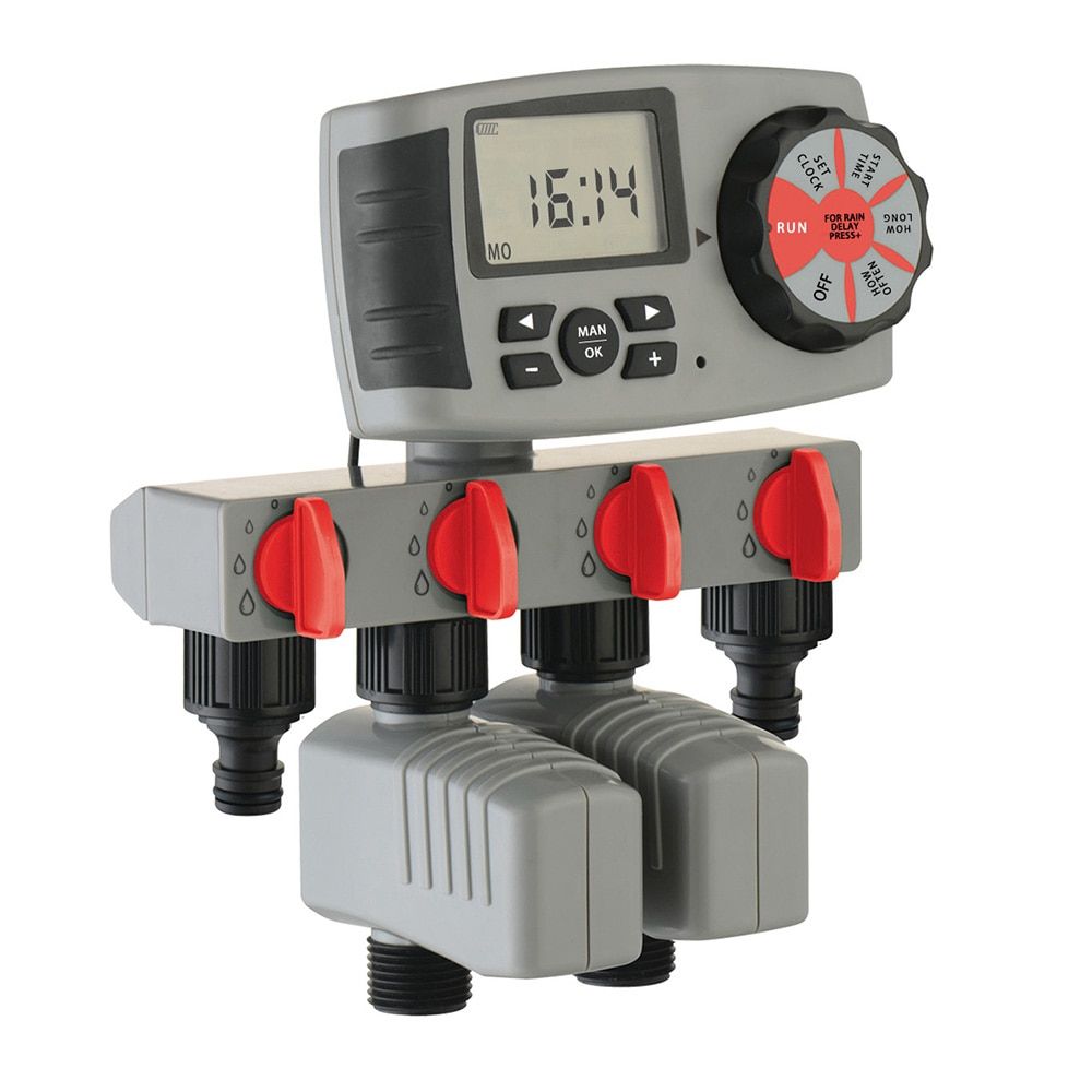 Aqualin Automatic 4-Zone Irrigation System Watering Timer Garden Water Timer Controller System With 2 Solenoid Valve #10204