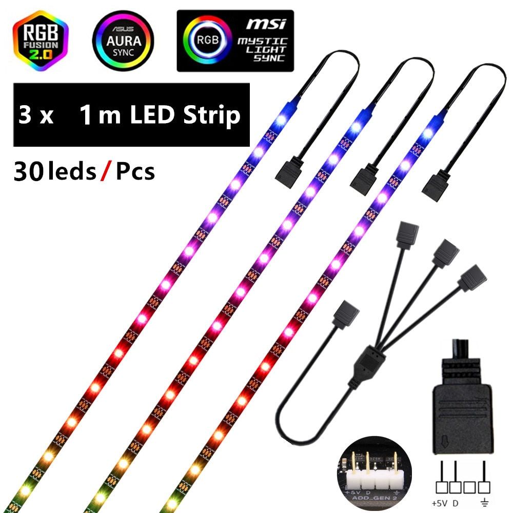Addressable WS2812b RGB LED Strip For PC, For ASUS Aura SYNC,MSI Mystic Light,GIGABYTE Fusion2.0 5V 3Pin Header On Motherboard-3x1m 30leds-non --