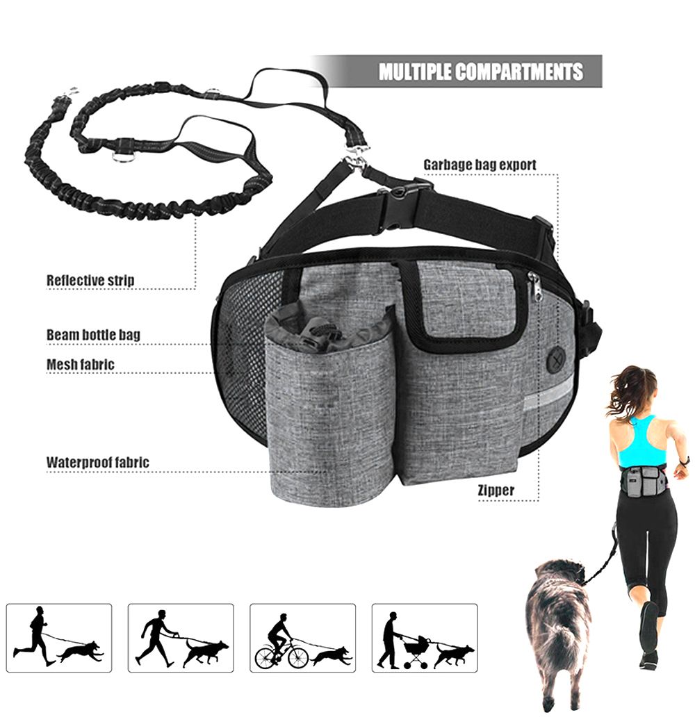 Hands Free Dog Running Waist Belt Bungee Dog Leash With Multi Pouches-Gray