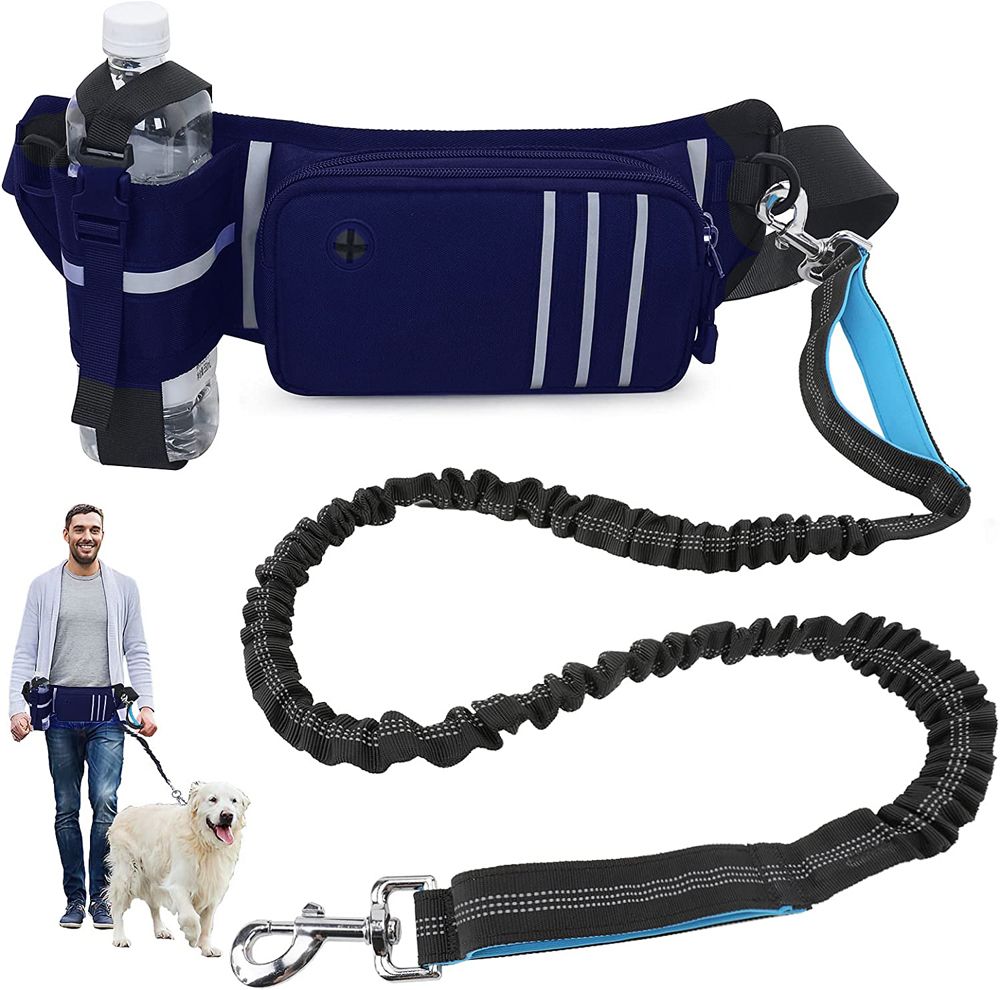 Hands Free Retractable Dog Leash With Waist Zipper Pouch For Running Walking-Blue