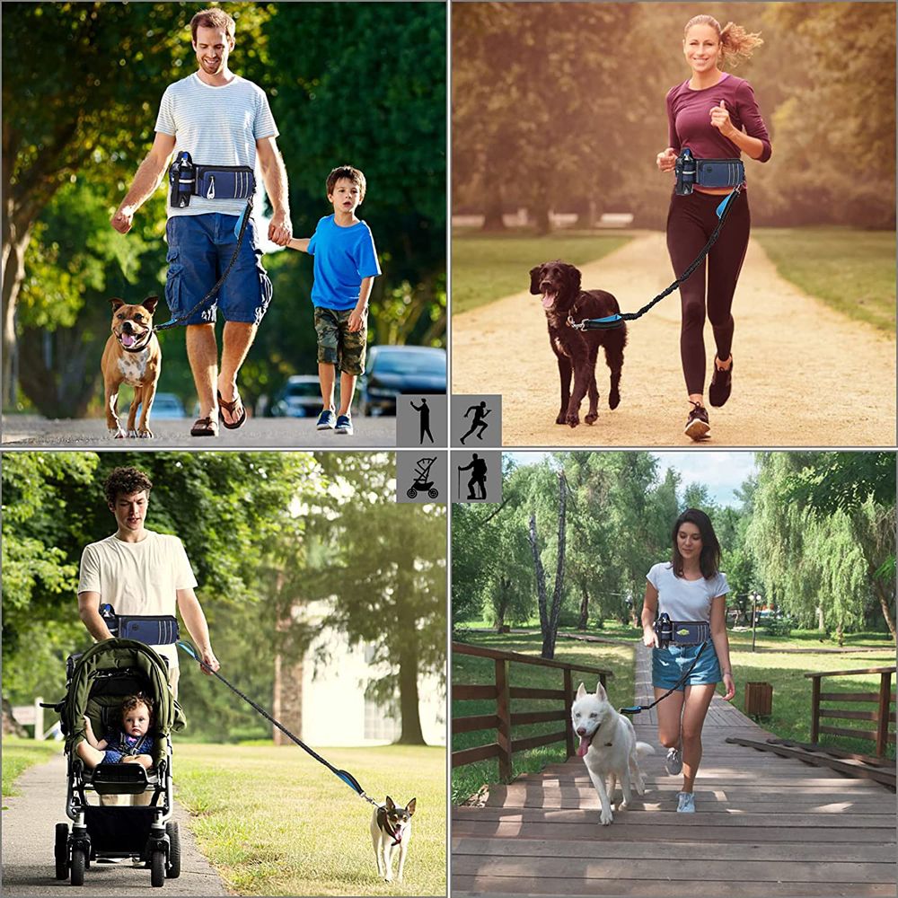 Hands Free Retractable Dog Leash With Waist Zipper Pouch For Running Walking-Blue