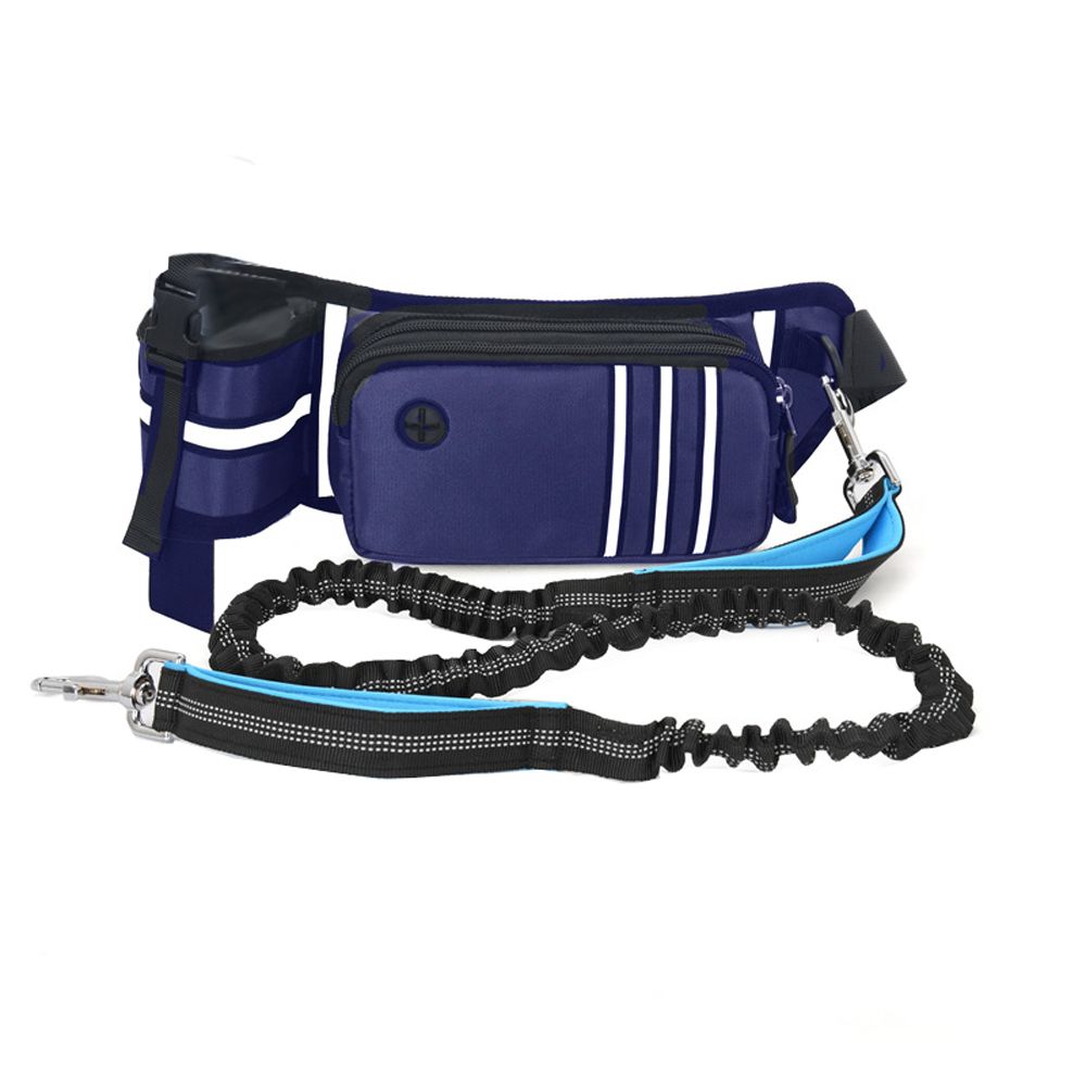 Hands Free Retractable Dog Leash With Waist Zipper Pouch For Running Walking-Blue